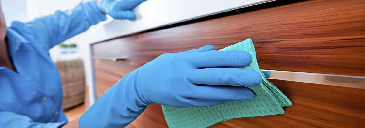 Cleaner wearing blue gloves wiping a wooden cabinet drawer with a microfiber cloth for dust and grime removal, Columbia, SC.
