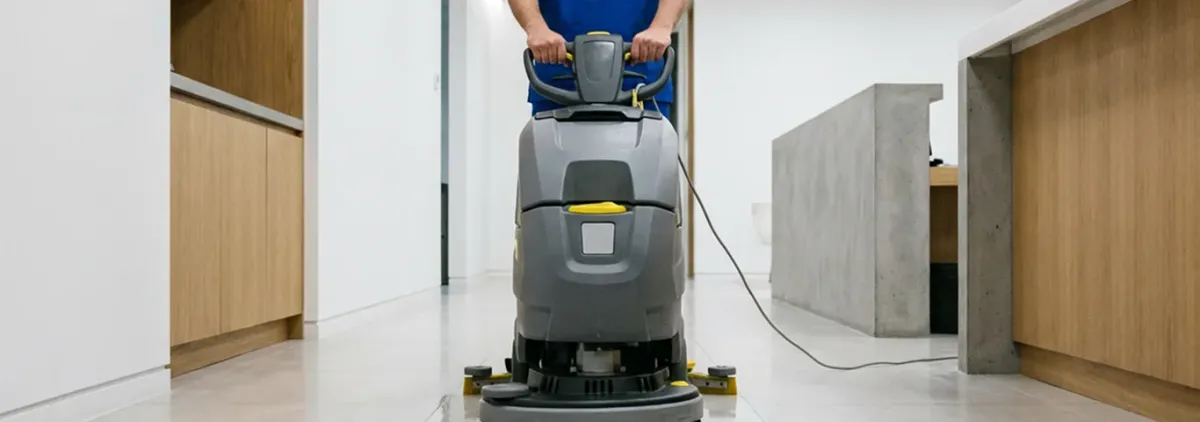 Janitorial staff using a floor scrubber machine to clean a commercial hallway, Columbia, SC.
