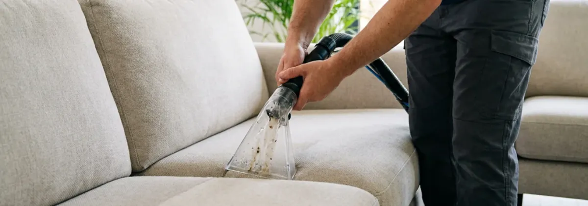 Technician extracting dirt and moisture from a fabric sofa with an upholstery cleaning wand, Columbia, SC.